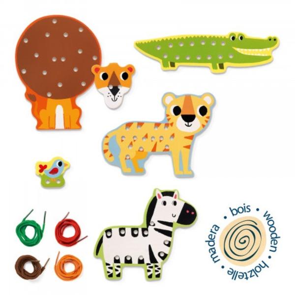 Contine 4 animale din lemn pe care copilul va putea sa completeze detalii specifice cu sirete colorate Zebra va avea toate dungile leul o coama bogatasi tot asa pe masura ce copilul va deveni tot mai indemanaticAjuta la dezvoltarea motricitatii fine a coordonarii ochi-manaConfectionat din lemn cu vopsele non-toxice conform reglementarilor EN71&ASTMAVERTISMENT Contraindicat copiilor sub 2 ani Contine siret lung pericol de strangulare A se folosi sub 