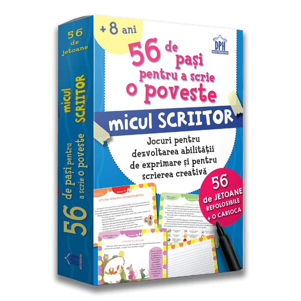 &8220;56 de pa&537;i pentru a scrie o poveste&8221; - con&539;ine 56 de jetoane refolosibile pentru copiii inteligen&539;i &537;i creativi care vor s&259; devin&259; mici scriitoriJocurile sunt adresate copiilor cu v&226;rsta peste 8 ani dezvolt&226;ndu-le abilit&259;&539;ile de exprimare &537;i de scriere creativ&259;Cu ajutorul jetoanelor copiii vor &238;nv&259;&355;a pas cu pas tot ce trebuie s&259; &351;tie pentru a scrie o poveste- cum s&259; povesteasc&259; 