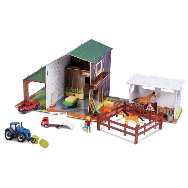 Set de joaca modular Constructie cu 4 Vehicule Incluse conceput pentru a recrea scenarii realiste din viata de zi cu zi precum ferma sau santierul de constructii Produsul combina elemente de constructie din carton rigidplastic cu vehicule die-cast oferind o experienta completa de joaca si interactiune Structura este gandita pentru asamblare rapida si reutilizare permitand copilului sa construiasca si sa reorganizeze spatiul de joaca de fiecare data diferita Seturile includ accesorii 