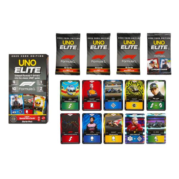 Jocul de carti UNO Elite Formula 1 2025 Core Edition aduce adrenalina curselor direct in mainile tale combinand regulile clasice UNO cu tematica spectaculoasa din lumea Formula 1 Acest starter pack include un pachet UNO complet alaturi de booster packs si carti speciale inspirate de piloti si masini celebre oferind o experienta competitiva de dinamica Designul premium si grafica moderna transforma fiecare runda intr-o cursa plina de strategie si surprize unde fiecare carte jucata poate 