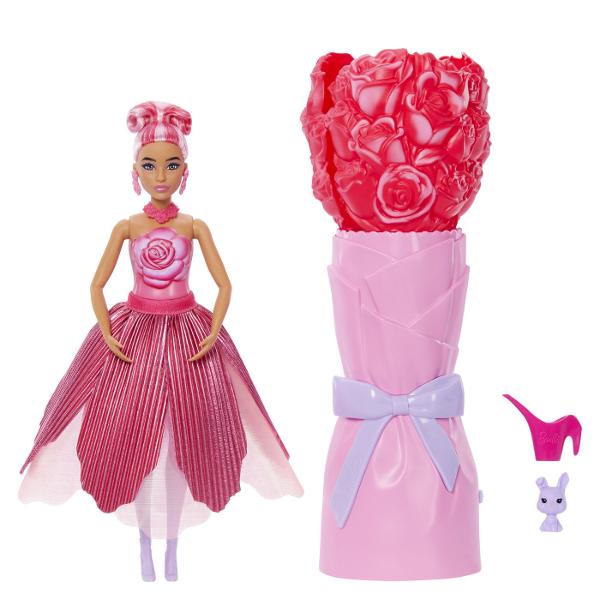 Barbie Petal Pop Papusa Barbie Trandafir Rosu este o jucarie surpriza creativa si plina de magie care ascunde in interior o papusa si accesorii adorabile Ambalajul in forma de floare cu petale colorate si design elegant se deschide pentru a dezvalui sau experienta de unboxing captivanta In interior se afla o papusa Barbie si un mic companion oferind multiple posibilitati de joaca si povesti imaginative Texturile culorile pastelate si detaliile florale stimuleaza simturile si 