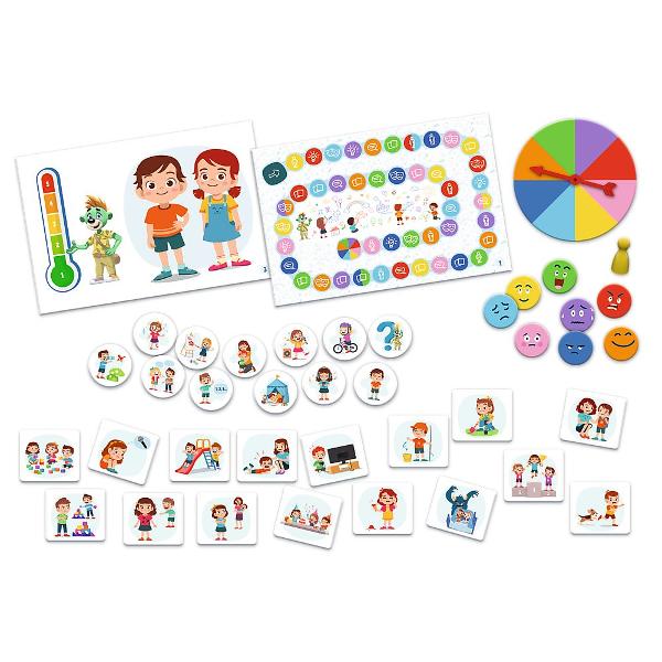 Jocul educativ &bdquoEmotii  Micul Explorator&rdquo este conceput pentru ai ajuta pe copii sa descopere si sa inteleaga lumea emotiilor intr-un mod interactiv si prietenos Prin sugestive carduri ilustrate si elemente vizuale atractive cei mici invata sa recunoasca diferite stari emotionale sa le denumeasca si sa le asocieze cu situatii din viata de zi cu zi Jocul stimuleaza dezvoltarea emotionala incurajeaza exprimarea sentimentelor si contribuie la imbunatatirea abilitatilor de 