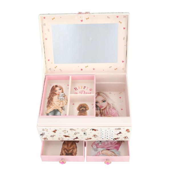 Cutie pentru bijuteri muzicala TOPModel cu cod activat Aceasta cutie are o incuietoare cu combinatie care poate fi modificataCand este deschisa reda melodia Anti-Hero timp de aproximativ 20 de secundeDispune de o oglinda doua sertare si un compartiment extensibilInclude 3 baterii LR44AG13 Instructiuni incluseVarsta 6 ani