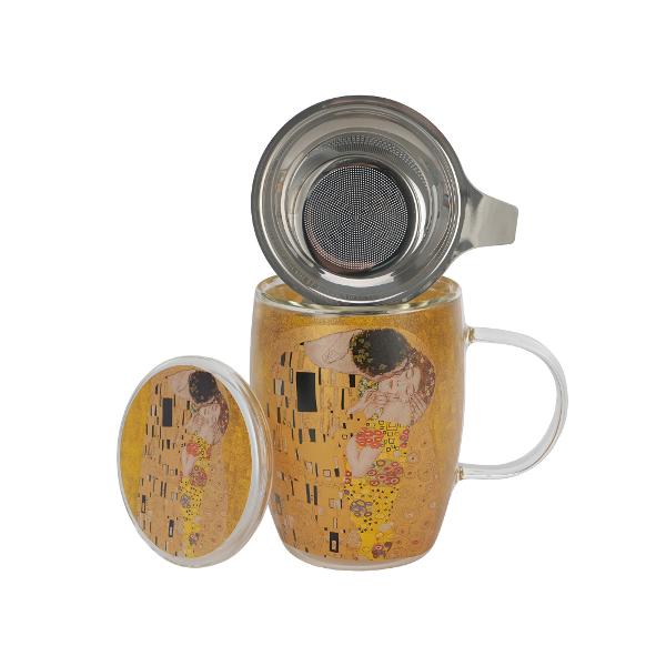 Cana din sticl&259; cu pere&539;i dubli &537;i infuzor de ceai din o&539;el inoxidabil&nbsp;&nbsp;THE&nbsp;&nbsp;KISS CLASSIC inspirat&259; de G Klimt&nbsp;&nbsp;din colectia&nbsp;Galeria de Art&259;&nbsp; este fabricat&259; din cristal f&259;r&259; plumb combin&acirc;nd elegan&539;a 