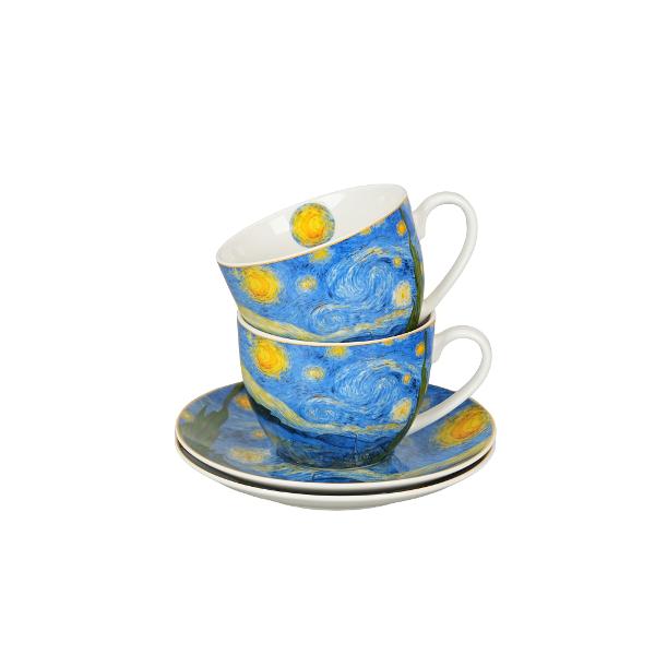 Un set de dou&259; ce&537;ti cu farfurioare&nbsp;&nbsp;STARRY NIGHT&nbsp;&nbsp;inspirat de Van Gogh din&nbsp; colec&539;ia&nbsp;Art Gallery&nbsp;&nbsp; Aceste produse sunt fabricate din por&539;elan de calitate superioara un material cunoscut pentru durabilitatea sa excelent&259; &537;i aspectul lucios 