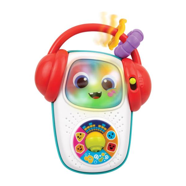 Player-ul Muzical Portabil Winfun este o jucarie interactiva special conceputa pentru bebelusi de la 3 luni ideala pentru stimularea auditiva si dezvoltarea timpurie Designul colorat si prietenos cu fata zambitoare si casti mari atrage imediat atentia celor mici si ii incurajeaza sa exploreze Jucaria reda 10 melodii clasice si 10 melodii vesele fiind insotite de lumini intermitente care creeaza o experienta senzoriala completa Butonul central rotativ si comenzile usor de apasa sunt 