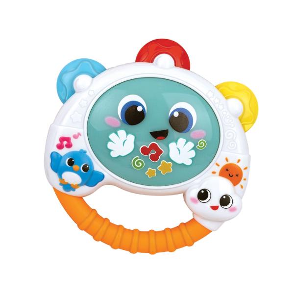 Tamburina Winfun este o jucarie muzicala ideala pentru bebelusi conceputa pentru a stimula simturile si coordonarea Cu un design colorat si vesel aceasta este usor de apucat de catre micutul tau oferindu-i o experienta de joaca interactiva Atunci cand este apasata tamburina emite sunete si melodii vesele iar lumini intermitente se aprind atragand atentia si stimuland curiozitatea copilului Agitand tamburina bebelusul va auzi sunete de pasarele si zgomote de zornait ajutand la 