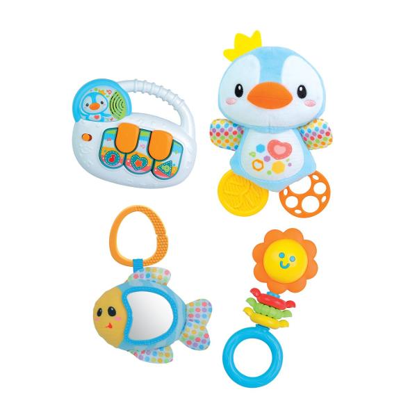 Winfun Set Jucarii Interactive Cadou Nou Nascuti este un set complet de jucarii pentru bebelusi special conceput pentru a stimula dezvoltarea senzoriala inca din primele luni de viata Setul include mai multe jucarii interactive realizate din materiale sigure si placute la atingere precum o jucarie de plus moale elemente de dentitie zornaitoare si o jucarie muzicala cu sunete si lumini Culorile vii texturile variate si functiile interactive atrag atentia copilului si incurajeaza 