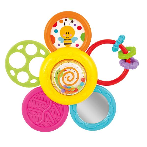 O jucarie adorabila si plina de culoare floricica interactiva este un companion perfect pentru bebelusi incepand cu varsta de 6 luni Fiecare dintre cele 5 petale ofera o activitate distincta creand o experienta captivanta si educativa pentru cei mici Zornaitoarea de pe una dintre petale emite sunete placute care atrag atentia si stimuleaza auzul si coordonarea mana-ochi Oglinda sigura pentru bebelusi de pe alta petala ii permite micutului sa descopere propria reflexie Pe o alta petala se 