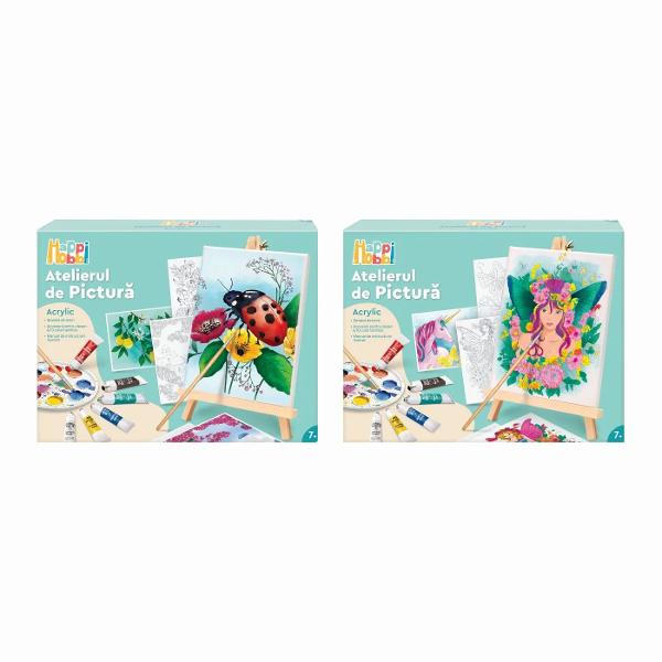 Set creativ Happi Hobbi Atelierul de Pictura Acrylic conceput pentru a introduce copiii in lumea picturii in culori acrilice intr-un mod accesibil si atractiv Acest set complet le permite celor mici sa picteze pe panza propriilor propriile lor creatii Este potrivit atat pentru incepatori datorita manualului detaliat si ilustrat care explica pas cu pas tehnica acrilica cat si pentru copiii care au deja experienta si doresc sa isi dezvolte abilitati Continutul variat ofera posibilitate de 