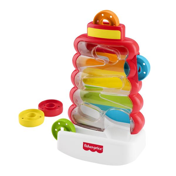 Jucaria Fisher-Price De Dezvoltare Turn Cu Discuri Colorate este special conceput pentru a stimula dezvoltarea timpurie a bebelusilor prin joaca interactiva si plina de culoare Setul include o structura transparenta cu traseu intern si discuri colorate pe care copilul le introduce in partea superioara urmarind cum acestea coboara in mod imprevizibil pana la baza Acest mecanism simplu dar captivant ajuta la dezvoltarea coordonarii mana-ochi si la intelegerea relatiei cauza-efect Designul 