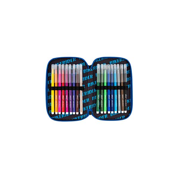 Penar &537;colar dublu b&259;ie&539;i &ndash; model motociclist compartimentatPenarul &537;colar dublu Motociclist este alegerea ideal&259; pentru b&259;ie&539;ii pasiona&539;i de vitez&259; &537;i adrenalin&259; Cu un design modern &icirc;n nuan&539;e de negru &537;i albastru decorat cu motociclet&259; sport &537;i elemente 