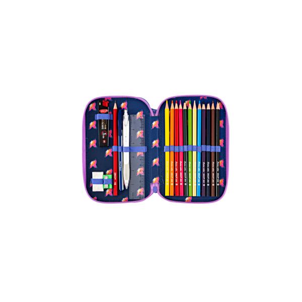 Penar &537;colar echipat dublu &ndash; model flutura&537; multicolor compartimentatPenarul &537;colar dublu Flutura&537; Str&259;lucitor este alegerea ideal&259; pentru fetele care &icirc;&537;i doresc un accesoriu practic &537;i atractiv pentru organizarea rechizitelor Designul &icirc;n nuan&539;e de albastru decorat cu flutura&537;ul&nbsp; colorat &537;i efectul 