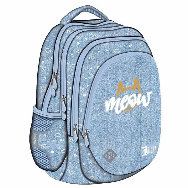 Ghiozdanul ST Right BP06 din colectia grafica Meow Mood este conceput pentru organizare eficienta si purtare confortabila fiind potrivit pentru activitatile de zi cu zi si pentru scoalaAre 4 compartimente si un interior bine structurat cu buzunare dedicate pentru accesorii iar constructia ergonomica include elemente pentru confort siguranta si protectie la uzura4 compartimente2 buzunare laterale din plasaManer pentru agatarea 