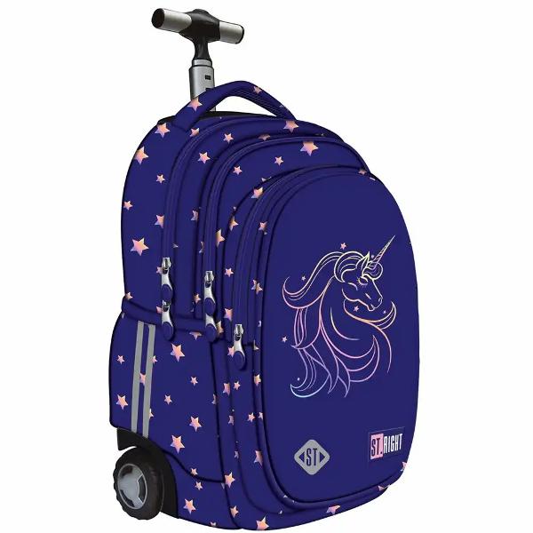 Trollerul Majewski ST Right TB01 din colectia grafica Unicorn Glow este un model pe roti conceput pentru transport usor si organizare eficienta inclusiv pentru o greutate mai mare a continutului Are 4 compartimente si spatii dedicate pentru accesorii laptop si tabletaOfera confort in utilizare prin maner telescopic reglabil si roti cu rulare usoara iar pentru siguranta include elemente reflectorizante si fermoare compatibile cu lacat sau sistem TSA Materialul impermeabil si 