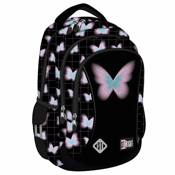 Ghiozdanul STRight BP26 din colectia grafica Pastel Butterfly este un model scolar compact cu 3 compartimente potrivit pentru organizarea zilnica a rechizitelor si a accesoriilorOfera confort la purtare datorita spatelui profilat si bretelelor reglabile iar pentru siguranta include elemente reflectorizante si o baza intarita realizata din material impermeabil3 compartimente2 buzunare laterale elasticeManer pentru agatarea 