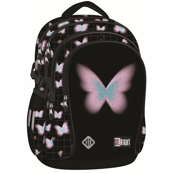 Ghiozdanul ST Right BP01 din colectia grafica Pastel Butterfly este conceput pentru organizarea completa a rechizitelor si accesoriilor scolare datorita celor 4 compartimente si a organizatorului interiorOfera confort la purtare prin spatele profilat si bretelele moi reglabile iar pentru siguranta si rezistenta include elemente reflectorizante baza intarita si material impermeabil4 compartimente2 buzunare laterale elasticeManer pentru 