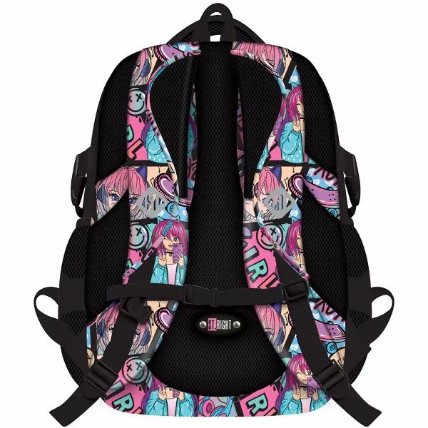 Ghiozdanul STRIGHT BP01 din colectia grafica Manga Girl este conceput pentru organizarea completa a rechizitelor si accesoriilor scolare datorita structurii cu 4 compartimente si a organizatorului interiorOfera confort la purtare prin spatele profilat si bretelele moi reglabile iar pentru siguranta si rezistenta include elemente reflectorizante baza intarita si material impermeabilCompartimente 4 compartimenteBuzunare 2 buzunare laterale elastice; buzunar 