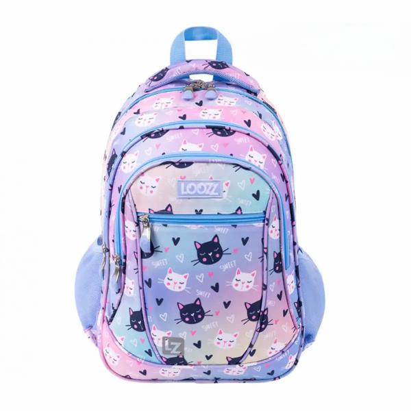 Ghiozdanul Looz Premium este conceput pentru a oferi confort si functionalitate elevilor combinand un design atractiv cu elemente ergonomice Modelul Happy Cats se remarca prin imprimeul colorat cu pisici si inimioare si este realizat din material rezistent impermeabilCaracteristici principaleDesign ergonomic&nbsp;Panoul dorsal profilat si sistemul de ventilatie contribuie la confortul spatelui iar bretelele late si moi reduc presiunea asupra 
