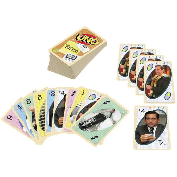 Jocul de carti UNO The Office aduce regulile clasice UNO intr-o editie speciala inspirata de universul The Office Jucatorii trebuie sa potriveasca rapid cartile dupa culoare sau numar sa foloseasca strategic cartile speciale si sa scape primii de toate cartile din mana Editia include ilustratii tematice din The Office si o regula speciala care adauga mai mult umor si suspans fiecarei runde Jocul este potrivit pentru 2-10 jucatori si este recomandat copiilor cu varsta de peste 7 ani fiind 