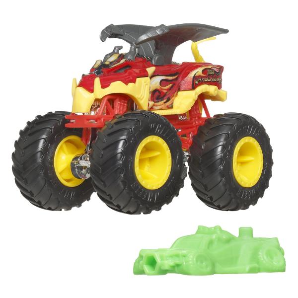 Colectioneaza masinutele Hot Wheeels gigantice pentru numeroase cascadorii Striviti competitia cu masinuta de baza 164 are motoare puternice de frecare si actiuni feroce pe roti acesti monstri sunt de neoprit Fiecare se vinde separat in functie de disponibilitate Culorile si decoratiunile pot varia Acest pachet contine personajul Dragonizer