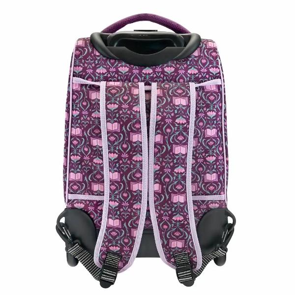Rucsac troller New Heights 34 x 46 x 22 cm poliester 3 compartimente compartiment laptop maner telescopic Rucsacul troller versatil New Heights este ideal pentru scoala sau calatorii oferind flexibilitatea de a fi folosit atat ca rucsac cat si ca troller Designul include detalii elegante precum placuta logo metalica model repetitiv si fermoare cu cheite in forma de inima pentru un plus de stil zi de ziEste dotat cu maner extensibil si baza robusta din plastic 