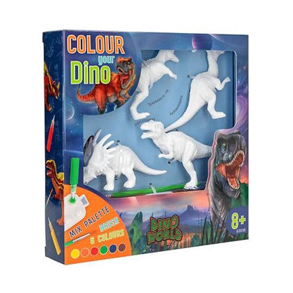 Coloreaz&259;-&539;i dinozaurul Cele patru figurine dinozaur albe T-rex Gigantosaurus Styracosaurus Parasaurolophus realizate din plastic u&537;or flexibil pot fi f&259;cute &537;i mai interesante cu vopselele acrilice maro portocaliu verde ro&537;u galben albastru incluse &icirc;n set Include o pensul&259; fin&259; o palet&259; de culori cu &537;ase matri&539;e &537;i instruc&539;iuni ilustrate Distrac&539;ie creativ&259; cu care s&259; te joci ulterior