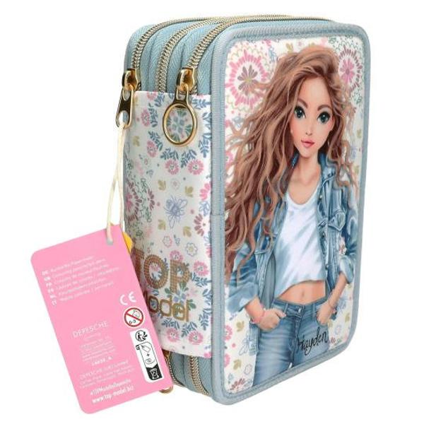 Juc&259;u&537; dar casual penarul TOPModel are un motiv cool cu &8203;&8203;model &icirc;n aspect denim pe fa&539;&259; &537;i un model floral pe un fundal crem de jur &icirc;mprejur Marginile &537;i fermoarele sunt albastru deschis Cele trei compartimente separate sunt complet echipate cu 18 creioane colorate &537;i markere o radier&259; foarfece o rigl&259; 2 creioane un stick de lipici un ascu&539;itor &537;i un buzunar mic cu velcro