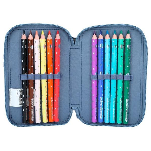 Doua compartimente separate sunt complet umplute cu 12 creioane groase colorate 2 creioane cu gel cu sclipici un creion gros o ascutitoare dubla o guma de sters o rigla cu sabloane foarfece si lipici Material 100 poliester