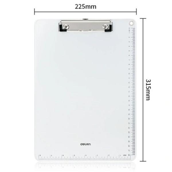 Nou in oferta noastra - clipboard Deli Este realizat din metal rezistent la coroziune si abraziune cu o grosime de 5 mm Colturile sunt rotunjite pentru a preveni accidentarile iar pentru agatare atunci cand nu este utilizat vine prevazut cu o perforatie de 7 mm intarita cu o capsaSpatele este texturat fapt ce permite o buna prindere in mana pentru a preveni alunecarea Clipbordul este gradat pe doua laturi in centimetri si inchComandati clipboard metal A4 DELI 64504 