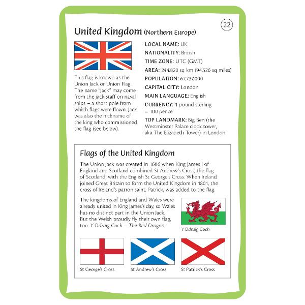 56 double-sided cards show the flag of every independent country in the world Each flag is accompanied by country data from capital cities to currencies Feature panels tell more about flag designs symbols and traditions while internet links provide lots more flag facts