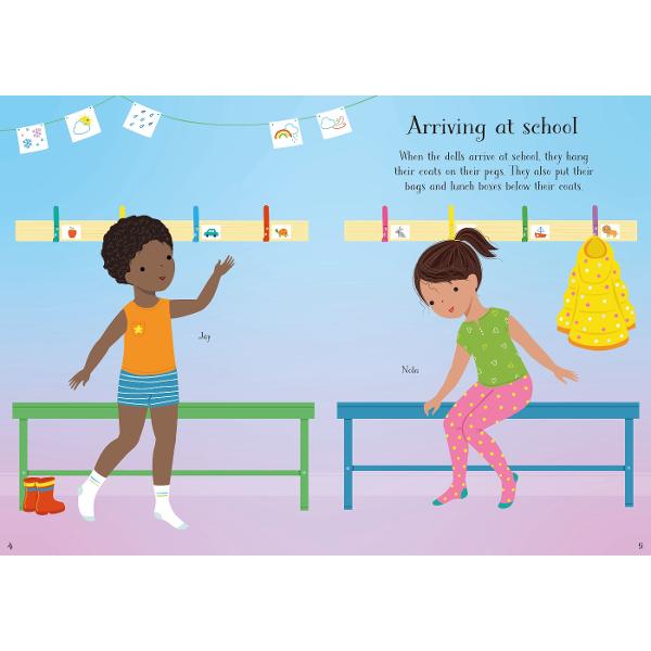 This delightful sticker book introduces little children to things that might happen during a school day such as getting ready and arriving at school exploring the classroom lively music and art sessions imaginative dressing up and outdoor play Dress the dolls for the activities and add extra stickers to decorate the backgrounds- The number 1&nbsp;bestselling sticker series&nbsp;with characters to dress and colourful scenes to decoratebr 