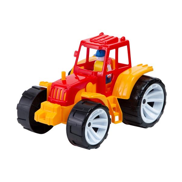 Tractorul pentru copii BAMS 0 in culoare rosu portocaliu este un cadou excelent pentru micii pasionati de utilaje agricole si vehicule speciale Jucaria este echipata cu roti mari care asigura o deplasare usoara pe diferite suprafete o cabina deschisa si o figurina detasabila a soferului oferind o experienta de joaca mai realista si mai captivanta &Icircn partea din spate tractorul este prevazut cu un carlig de remorcare pentru atasarea unei remorci extinzand astfel posibilitatile de 