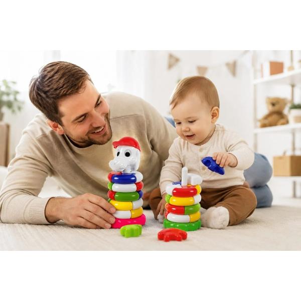 Piramida Puzzle catelus este o jucarie educativa care imbina piramida clasica cu elemente de puzzle Inelele colorate sunt formate din piese ce trebuie imbinate corect ajutand copilul sa isi dezvolte gandirea logica atentia motricitatea fina si coordonarea miscarilor &Icirc;n partea superioara se afla un catelus simpatic cu sapca care face jocul si mai atractiv Piramida este alcatuita dintr-o baza stabila 5 inele tip puzzle si un cap de catelus in partea superioara Fabricata din 