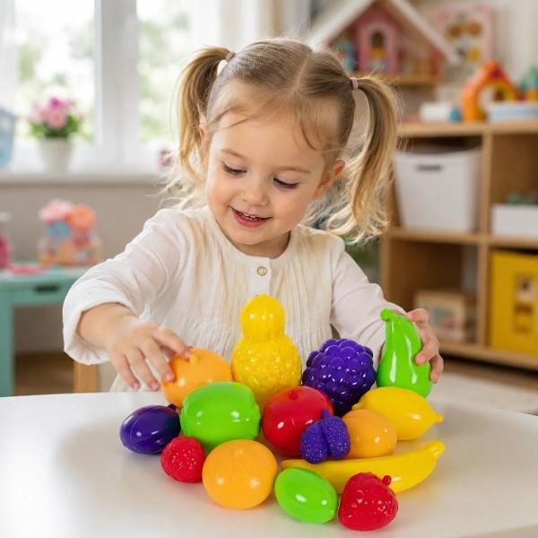 Setul &bdquo;Fructe&rdquo; este o jucarie educativa colorata care ii ajuta pe copii sa descopere diferite fructe sa invete denumirile culorile si formele acestora Este completarea perfecta pentru bucataria de jucarie magazinul sau restaurantul copiilor si pentru jocurile de rol Setul contine 15 fructe din plastic cu aspect realist ananas banana lamaie piersica zmeura capsuna mar para kiwi portocala caisa mandarina struguri dud si pruna Toate piesele sunt fabricate 