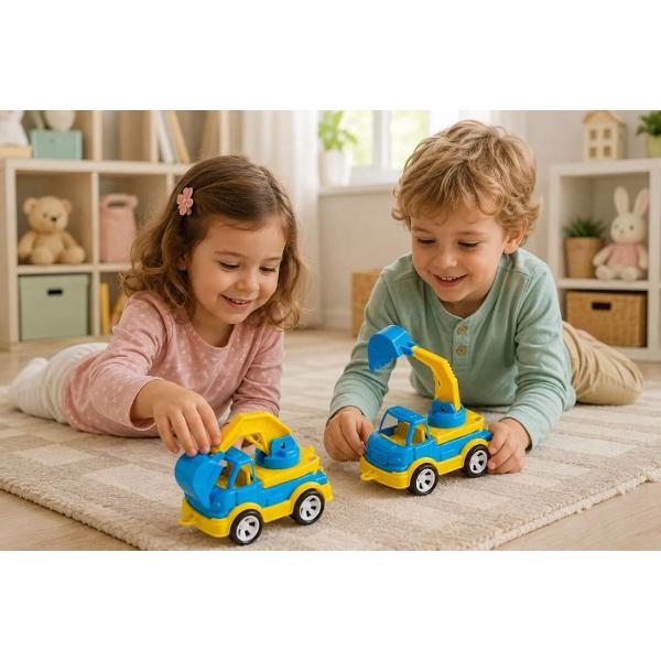 Excavatorul Mini Matik este o jucarie compacta si atractiva perfecta pentru copiii pasionati de utilaje de constructii Modelul este echipat cu brat si cupa mobile oferind un joc realist si captivant Datorita dimensiunii sale reduse excavatorul poate fi luat cu usurinta oriunde acasa in curte sau la locul de joaca Joaca stimuleaza imaginatia dezvolta motricitatea fina si coordonarea miscarilor Caracteristici tip excavator culoare albastru si galben brat si cupa mobile 