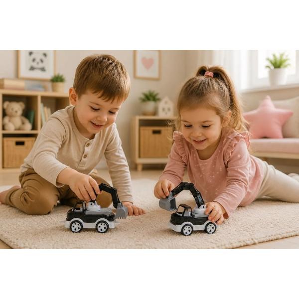Excavatorul Mini Matik este o jucarie compacta si atractiva perfecta pentru copiii pasionati de utilaje de constructii Modelul este echipat cu brat si cupa mobile oferind un joc realist si captivant Datorita dimensiunii sale reduse excavatorul poate fi luat cu usurinta oriunde acasa in curte sau la locul de joaca Joaca stimuleaza imaginatia dezvolta motricitatea fina si coordonarea miscarilor Caracteristici tip excavator culoare negru alb si gri brat si cupa mobile 