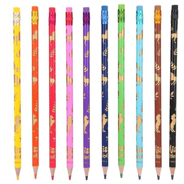 Atat de colorate si atat de usor de Indepartat creioanele colorate cu radiera de la Miss Melody au o guma de sters de culoare asortata Setul include 10 creioane colorate galben portocaliu rosu roz violet albastru inchis albastru deschis verde maro si negru Ambalat Intr-o cutie de carton detasabila Diametru pixuri 7 mm