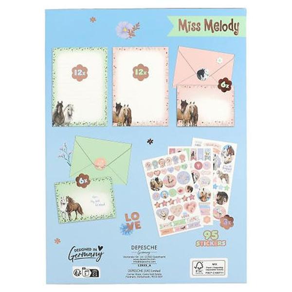 Culori delicate flori fermec&259;toare &537;i cai frumo&537;i Setul de scrisori de la Miss Melody include 24 de antete 12 plicuri &537;i 3 coli cu autocolante Totul este bine depozitat &icirc;ntr-un dosar rezistent