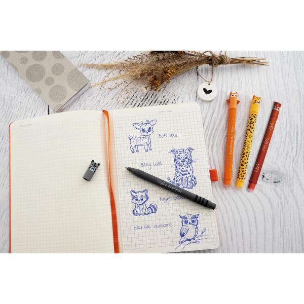 Rollerul cu gel &bdquo;Animal erase it&rdquo; motiv leopard functioneaza cu cerneala albastra speciala termosensibila ce se sterge prin frecarea cu capatul celalalt al rollerului Grosimea liniei de scriere e de 07 mm A nu se utiliza pe documente legale La temperaturi mai mari de  60&deg;C cerneala dispare