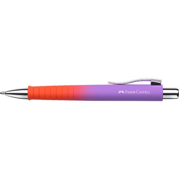 Pix cu mecanism Polly Ball XB gama Flow de la Faber-Castell Culoare violet-portocaliu cu efect gradient Forma ergonomica triunghiulara Grip placut la atingere cu textura anti-alunecare Clip rezistent varf si buton din metal Rezerva de mare capacitate XB albastra