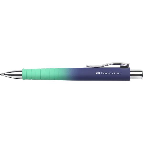 Pix cu mecanism Polly Ball XB gama Flow de la Faber-Castell Culoare albastru-turcoaz cu efect gradient Forma ergonomica triunghiulara Grip placut la atingere cu textura anti-alunecare Clip rezistent varf si buton din metal Rezerva de mare capacitate XB albastra