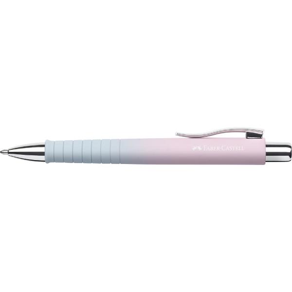 Pix cu mecanism Polly Ball XB gama Flow de la Faber-Castell Culoare bleu-roz cu efect gradient Forma ergonomica triunghiulara Grip placut la atingere cu textura anti-alunecare Clip rezistent varf si buton din metal Rezerva de mare capacitate XB albastra