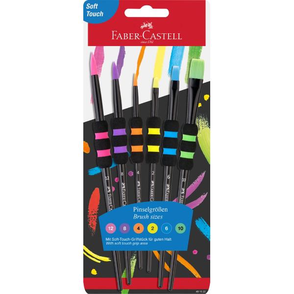 Set de 6 pensule Faber-Castell in marimi diferite 2  4  6  8  10  12 Pensule rotunde si late Peri sintetici robusti si moi Zona de prindere cu spuma captusita pentru un grip confortabil in timpul picturii Acoperire buna a culorii