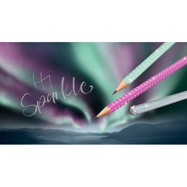 Creion grafit din gama Sparkle de la Faber-Castell Noile culori Aurora cu vopsea in culori perlate si puncte stralucitoare Capat rotunjit stralucitor Forma triunghiulara ergonomica Mina de tarie B rezistenta la rupere datorita procesului special de lipire Lemn certificat FSC provenit din silvicutura sustenabila