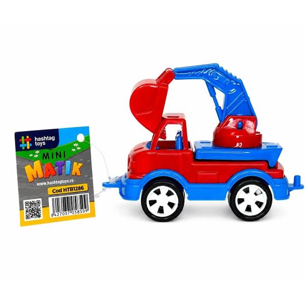 Excavatorul Mini Matik este o jucarie compacta si atractiva perfecta pentru copiii pasionati de utilaje de constructii Modelul este echipat cu brat si cupa mobile oferind un joc realist si captivant Datorita dimensiunii sale reduse excavatorul poate fi luat cu usurinta oriunde acasa in curte sau la locul de joaca Joaca stimuleaza imaginatia dezvolta motricitatea fina si coordonarea miscarilor Caracteristici tip excavator culoare albastru si rosu brat si cupa mobile dimensiuni 
