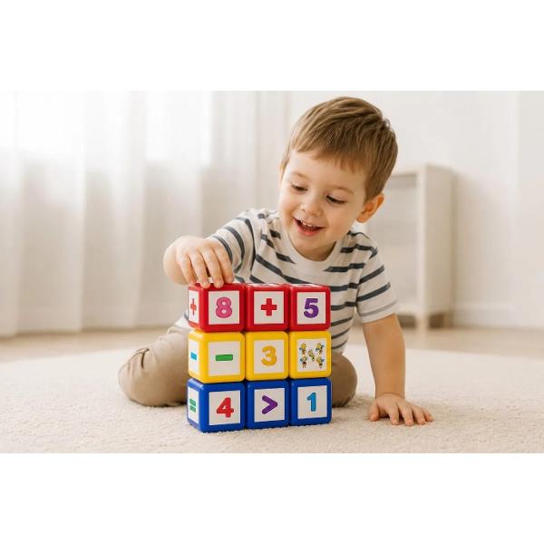 Setul &bdquo;Cuburi mici &ndash; Matematica&rdquo; este o jucarie educativa conceputa pentru a-i ajuta pe copii sa descopere cifrele semnele matematice si notiunile de baza ale numararii intr-un mod distractiv Prin joaca copilul invata sa recunoasca cifrele sa compare numerele si sa efectueze primele operatii matematice Setul contine 9 cuburi din plastic fiecare avand pe fete cifre semne matematice si imagini colorate care reprezinta cantitatea corespunzatoare fiecarui numar Acest 