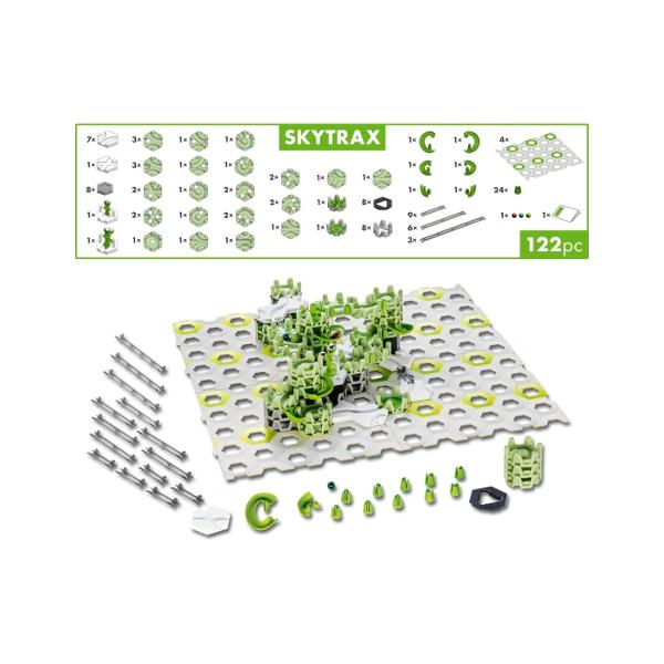 GraviTrax Skytrax noi inaltimi noi trucuri si posibilitati nelimitate de constructie Acest set inovator aduce in lumea constructiilor cu bile o noua dimensiune a distractiei Datorita placilor special concepute Skytrax bilele pot cadea prin elemente pot fi capturate si apoi conectate in poduri spectaculoase Sistemul permite construirea unor structuri mai inalte mai dinamice si mai creative in care bilele aluneca se rotesc si accelereaza in jurul unor turnuri impresionante Skytrax 