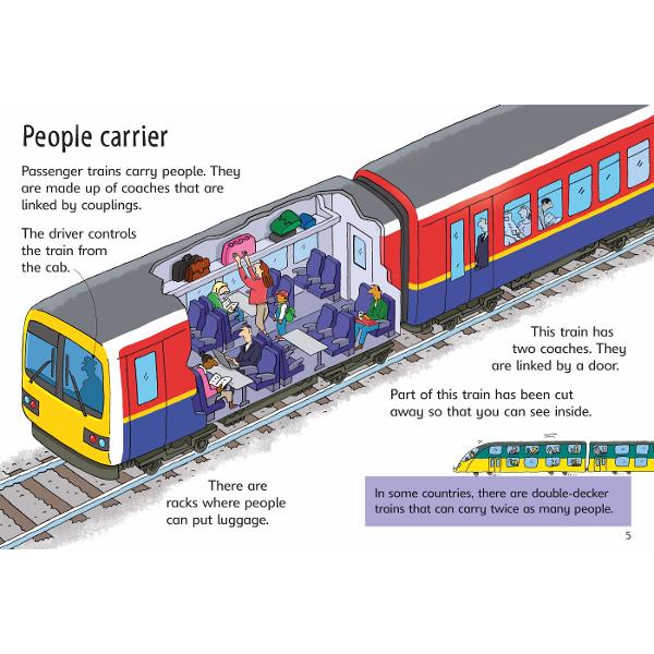 Whats it like to drive a train How are railway tunnels built How do trains go up hill This fantastic book for young readers has all the answers and moreWith simple easy-reading text bright illustrations and fascinating photographsChapters in this book include- Train travel- People carrier- Moving goods- Making tracks- Flat track- Driving a train- Train control- Running on steam- Diesel engines- Electric 