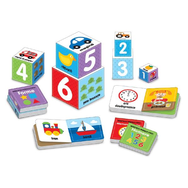 Un set de &537;ase c&259;rticele frumos ilustrate cu ajutorul c&259;ruia cei mici vor &icirc;nv&259;&539;a culorile numerele formele primele cuvinte contrariile precum &537;i momentele zilei 